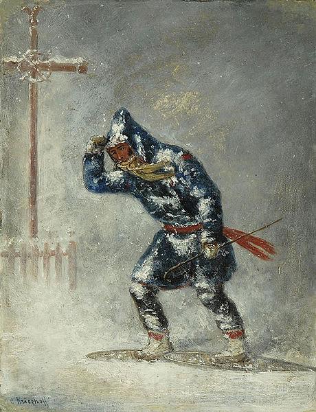 Cornelius Krieghoff 'Snowshoeing Home in a Blizzard' Norge oil painting art